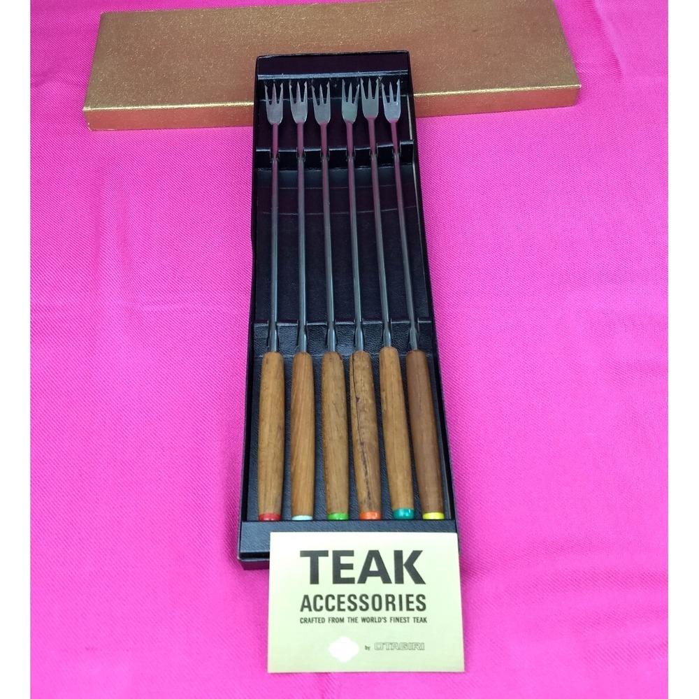 Otagiri Teak Stainless Fondue Forks Set of 6 Premium MCM Original Box‎ Japan Vtg